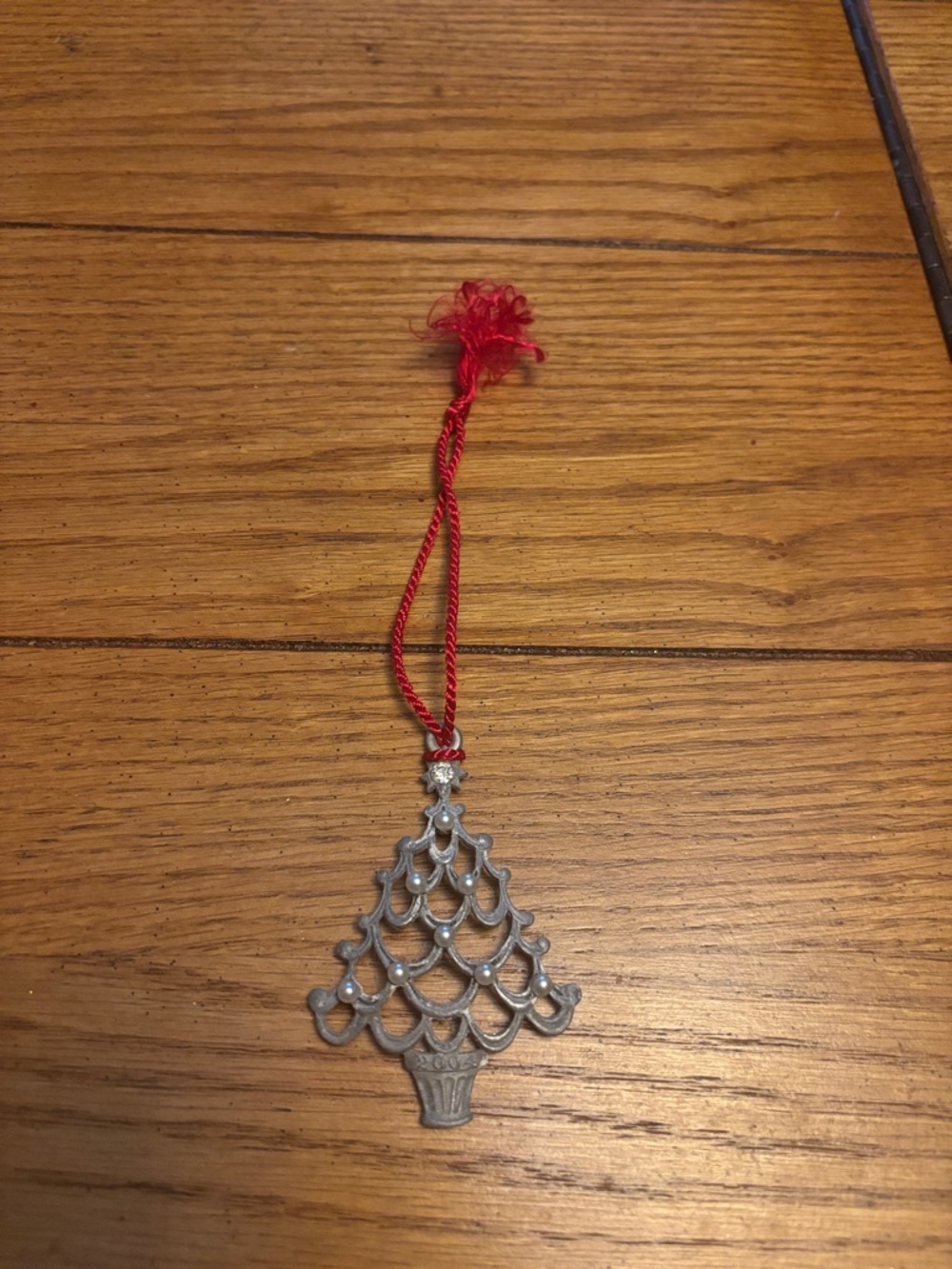 Silver Tone Scalloped Christmas Tree Ornament with Red Cord
